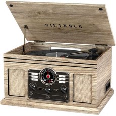Victrola Nostgic 6IN1 블루투스 레코드 멀티미디어 센터 내장 스피커 3단 턴테이블 CD 카세트 라디오 무선 음악 스트림 내추럴, Farmhouse Oatmeal, Farmhouse Oatmeal