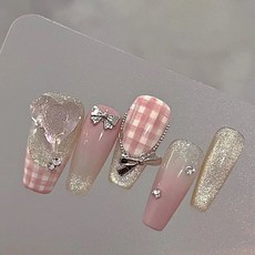 핸드 메이드웨어 네일 스위트 하트 걸 핑크 체크 무늬 러브 보우 다이아몬드 네일 디자인 롱 탈착식 네일 아트