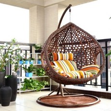 야외그네의자 공중 계란형 둥지 의자 흔들 안락 스윙, 더블 폴 브라운
