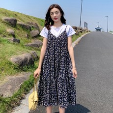 임부복 모유수유 날씬해 보이고 감미롭게 허리 조이는 미디엄 플라워 투피스
