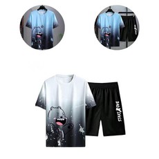 남성용 베어 프린트 티셔츠 와이드 레그 반바지 세트 캐주얼 운동복 빠른 건조용 루즈핏 남동