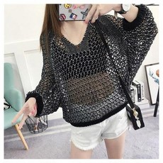더블샵 빅사이즈 썸머 시스루 찰랑 브이넥 그물니트