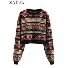 ZAFUL-여성용 스웨터 드롭 숄더 부족 에스닉 아즈텍 프린트 그래픽 골지 트림 스트리트웨어 풀오버 겨울