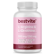 BESTVITE L-아르기닌 L-오르니틴 500-250 (채식주의자 캡슐 120개) - 스테아레이트 없음 필러 비건 GMO 프리 글루텐 규산 칼슘, 120 Count (Pack of 1), 120정, 1개