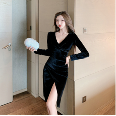 겨울 가을 계절 셀럽 섹시 브이넥 긴 소매 벨벳 로우컷 트임 절개 슬릿 INS 여성 트렌드