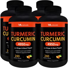 [미국빠른직구] 신제품 마이라이프 내추럴스 유기농 강황 커큐민 4950mg (진저+블랙페퍼), 4개, 240정