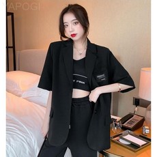 여성용 캐주얼 핏 루즈핏 반팔 카라 무지 시폰 자켓