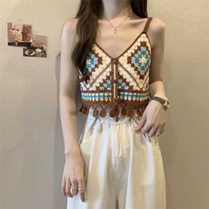 뷔에스트조끼 민소매 탑 크롭 여름 뜨개 수술