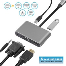 멀티어댑터 USB허브 허브 유형 C 5 in 1 VGA 1080P HDMI 4k USB 3.0 PD 허브 분배기 for Pc mac-book 노트북 전화 확장기 도킹 스테이션, 스페이스 그레이