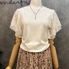 라임브릿지 엠마 이중 후레아 레이스 소매 반팔 라운드 니트