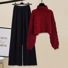 [웨일쓰]여성 겨울 빅사이즈 하이넥 스웨트 밴딩 루즈핏 일자 바지 투피스 세트