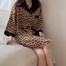  코지레이스 여성 여자 7부소매 홈웨어 파자마 호피 실크 원피스 잠옷  상품 이미지