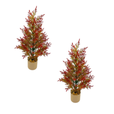 weitao 로맨틱한 미니 측백나무 조화 화분 장식 세트 크리스마스 소형 트리 분재 인테리어, 가을 레드(45cm), 2개