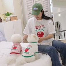 강아지커플룩 레드체리 배색 애견 커플옷 강아지옷 견주옷, 화이트, 레드체리(강아지옷), 1개