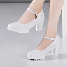 부드러운 소가죽 워킹쇼 하이힐 미끄럼방지 두꺼운 굽 방수플랫폼 모델 가죽 작업화 싱글슈