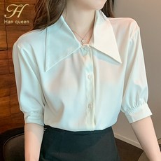 블라우스여성의류 H 여왕 여름 셔츠 빈티지 오피스 레이디 반팔 캐주얼 OL 느슨한 2022 4602315957, 1개, S