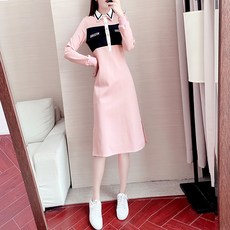 POLO 넥 원피스 긴팔 겨울 가을 하프기장 무릎넘어 여성 얇은 슬림 A라인