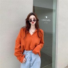 요즘힙한 모델한혜진 브이넥 카라 루즈핏 니트 스웨터 여성니트 여자니트 완소템 오피스룩