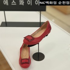 <NC백화점 순천점>[에스콰이아] 발이편한 스퀘어장식 2cm굽 컴포트 여성 플랫슈즈 <단독특가!! 50%할인!!> 매장 BEST제품!! 천연가죽 데일리(인기) 슈즈!! [레드]