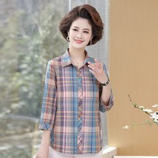 케일럽 체크셔츠룩 중년 여성 체크난방 풀패딩 엄마 봄옷 와이셔츠 노년 인 순면 코튼 상의커버 여름