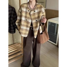 칩썬데이 여성 양모 체크 무늬 캐시미어 모직 가죽 숏 코트