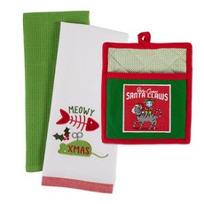DII Christmas Pets Collection 개와 고양이 애호가를 위한 장식용 주방 타월 행주/냄비 홀더 세트 산타 클로 3개입, 산타 클로스_Dishtowel/Potholder Set, 1개