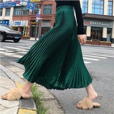 샤이니 새틴 메탈 플리츠 롱 스커트