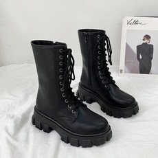 더레몬 여성용 키높이 6cm 통굽 미들 지퍼 레이스업 워커 미들부츠 군화 블랙 스몰사이즈 225 부터 250