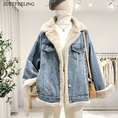 JUSTFEELING 퍼 자켓 털 뽀글이 기모 보아털 캐주얼 잠바 빅사이즈 루즈핏 데님 오버핏 코트 여성 아우터