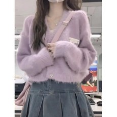 연보라 앙고라 가디건 여성 간절기 아우터 봄 가을 크롭 스웨터 QOYO