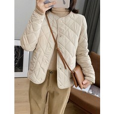 라운드넥 여성 베이지 경량 패딩 노카라 면패딩 라이트 다운 아우터
