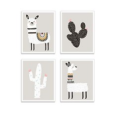 Llama Wall Decor Art Posters - Set of 4 (11" x 14") Professional Grade Prints (Llama & Cactus) for, Grey, 11" W x 14" L
