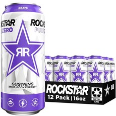 Rockstar Pure Zero Energy Drink 포도 설탕 0개 카페인 및 타우린 함유 473.2ml(16oz) 캔 (12팩) (포장은 다를 수 있음), Rockstar Pure Zero Energy Drin, 473.2ml, 12개