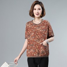 여성 엄마옷 반팔 플라워 니트 면 포켓 티셔츠