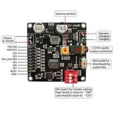 휴대용 mp3 DY-HV20T DY-HV8F 아두이노용 음성 재생 모듈 마이크로 SD 카드 지원 MP3 음악 플레이어 12V 24V 전원 공급 장치 10W 20W