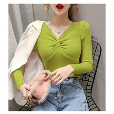 겨울 가을 스모크 블루 브이넥 꼬임 슬림 여성 이니트