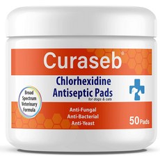 curaseb chlorhexidine 와이프 개와 고양 이용 패드 50 개 항진균 항균 항 효모 백선 농피 여드름 핫스팟 광범위한 수의학 포뮬러, One Color, One Size