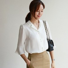 더샵패션 봄여름 칼라넥 7부프릴소매 쉬폰 블라우스 셔츠 KF6017