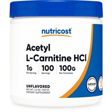 뉴트리코스트 아세틸 L 카르니틴 ALCAR 파우더 100g 1000mg 논 GMO 글루텐 프리, 1개