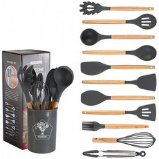 Jimee Home Kitchen Utensil 12개의 Pcs 실리콘 조리 도구와 홀더 우드 비슬립 핸들 스파툴라 샐러드 통 세트, 단일옵션