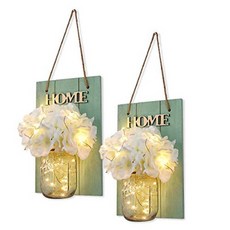 HABOM Mason Jar Sconce 홈 벽 장식 LED 요정 조명 및 실크 수국 꽃 농가 벽 장식이있는 소박한 교수형
