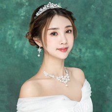 웨딩티아라 신부 머리장식 웨딩드레스 2019뉴타입 심플 기품 면사포 크라운 쓰리피스 결혼 화이트망사 여성