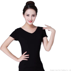 여성 라인댄스복 라틴댄스 연습복 상의 반팔 긴팔 등 끈 티셔츠 줌바 무용, 블랙 반팔, 5XL