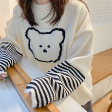 브이빈 여성 라운드넥 겨울 니트 긴팔 곰돌이 스트라이프 데일리 니트 스웨터
