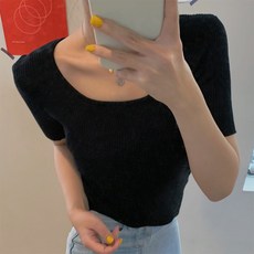 여자 슬림 데일리 베이직 무지 스퀘어넥 반팔 니트 티셔츠