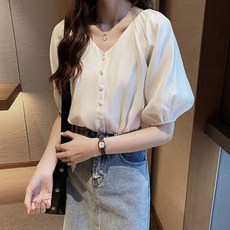 치치몰 프릴 브이넥반팔블라우스 셔츠 여성의류 블라우스