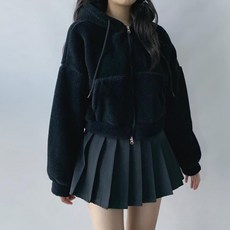[고중량양면] 고미 도톰 크롭 밍크 후드집업 / 겨울 두꺼운 긴팔 여성 여자 뽀글이 양털 아우터 귀여운 연말룩 루즈핏 오버핏