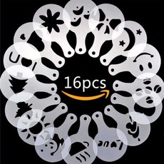 1+1 커피스텐실 라떼아트 플라스틱 카페 폼 스프레이 템플릿 바리스타 장식 도구 화환 금형 멋진 인쇄 꽃 모델 16PCs세트, 1개