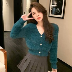 메이킹유 [인기상품/포근] 보들 몽글 털 브이넥 가디건 세미 크롭러블리 여리핏 연말룩 A1087라비아가디건