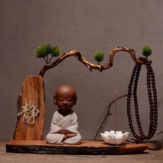 bogu 프레임 zisha 장식품 동자 스님 가정평화 새차 신차고사 관세음보살 풍수지리 부처상, 정적 단어 받침대 + 명상 작은 초보자 수도사